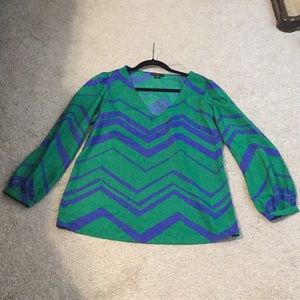 V-neck long sleeve blue green chevron blouse